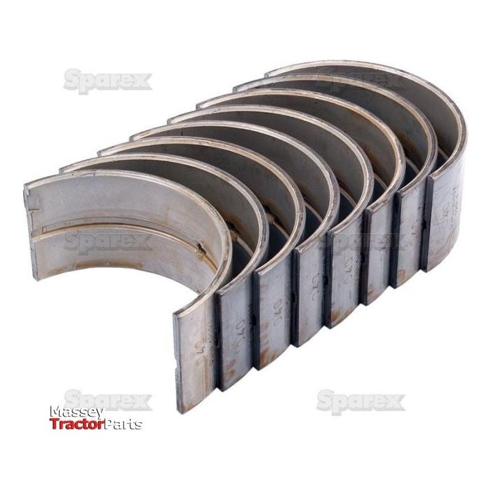 A set of eight curved Conrod Bearings +0.040'' (1mm), identified as Sparex Part No. S.65208, are arranged in a row on a white background. The text "Massey Tractor Parts" and "Sparex" faintly adorns the backdrop, indicating their compatibility with Ford New Holland machinery.