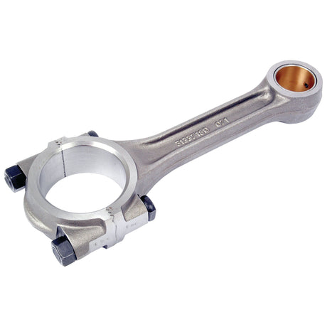 The Conrod | Sparex Part No.S.40359 by Sparex is a silver metal connecting rod suitable for models like Perkins or Landini, featuring a large circular end with bolts and a smaller, copper-lined circular end.