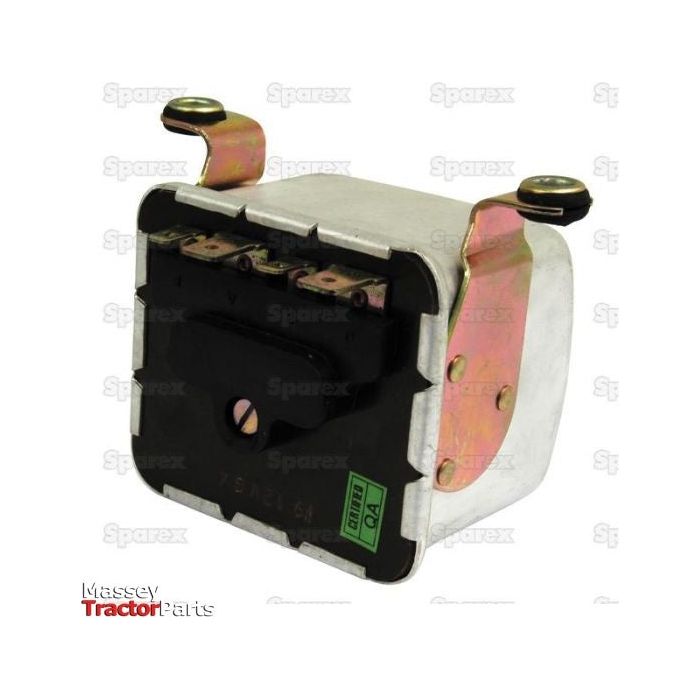 A rectangular metallic control box with two mounting brackets and several connecting terminals on top, labeled Sparex, suitable for Case IH applications. Product Name: Control Box 12V | Sparex Part No.S.41166