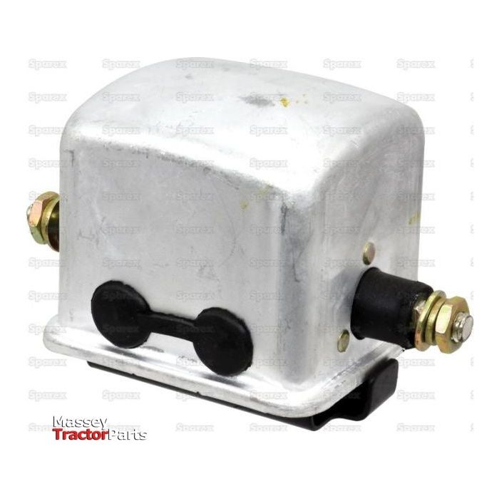 A silver 12V Control Box, Sparex Part No.S.41167, featuring two brass screw terminals on either side and a black plastic connector at the bottom, branded "Sparex" and ideal for use with Massey Ferguson tractors.