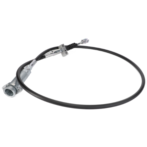 A detailed close-up of the AGCO Massey Ferguson Control Cable (3713770M2) showcases its black automotive brake cable with a metallic connector and looped design, specifically compatible with Massey Ferguson 6200 Series tractors.