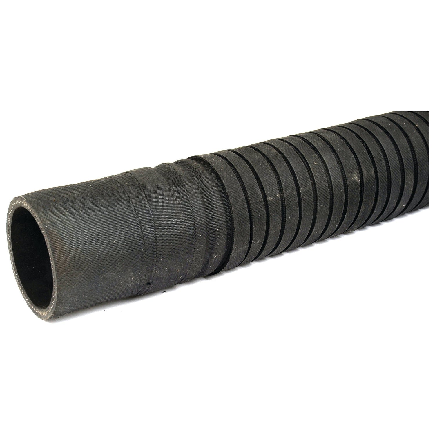 Close-up of a Sparex Convoluted Radiator Hose - S.56093, featuring an open end that highlights its 45mm black rubber construction, corrugated and flexible design, ridged texture, and impressive temperature range of -30° to +110°C.