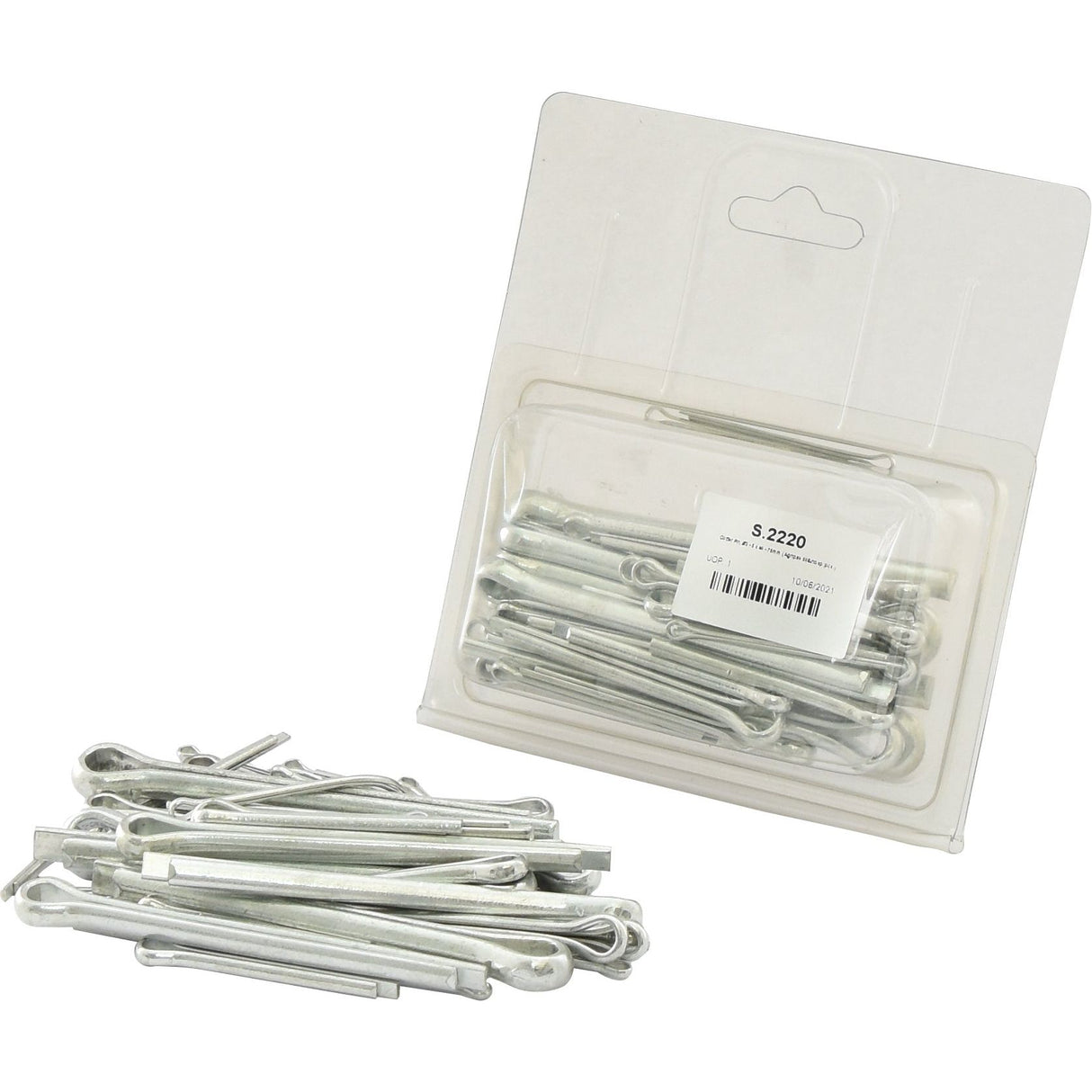 A pack of Cotter Pins, Ø2 - 8 x 40 - 75mm (Agripak 50 pcs.), with several pins outside the packaging, part of the Agripak collection. The package has a label with a barcode and Sparex Part No. S.2220, clearly marked as Sparex quality.
