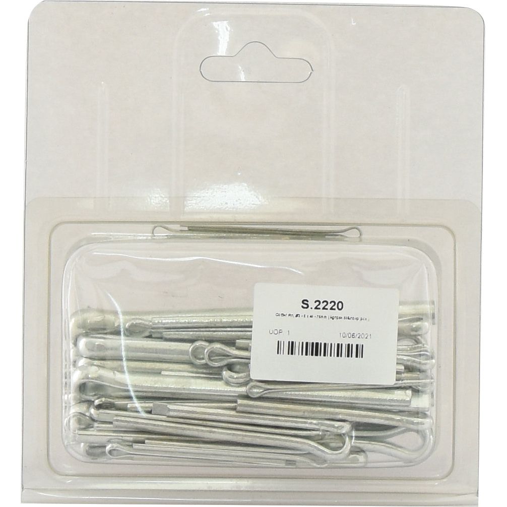 A retail package of 50 metallic cotter pins, labeled "Sparex Part No. S.2220," with a manufacturing date of 08/06/2021. This Sparex product ensures durability and reliability.