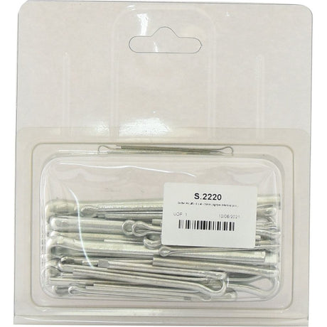 A retail package of 50 metallic cotter pins, labeled "Sparex Part No. S.2220," with a manufacturing date of 08/06/2021. This Sparex product ensures durability and reliability.