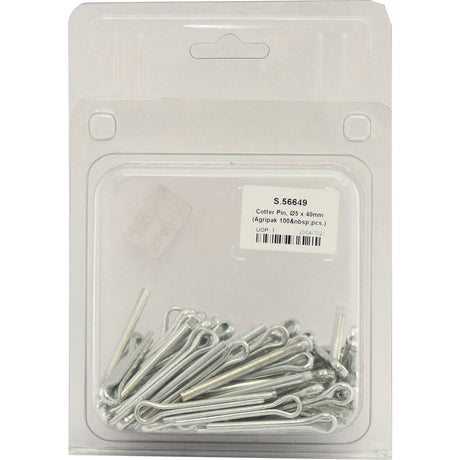 A plastic package containing multiple silver cotter pins is shown. The Agripak has a label indicating "S.56649 Cotter Pin, Ø5 x 40mm (Approx 25 Pcs)." A barcode is also present.