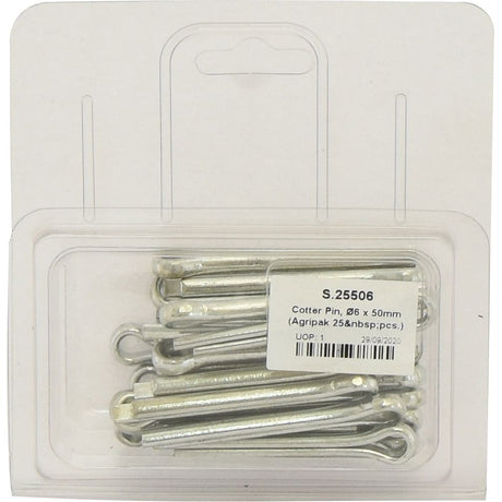 The Sparex Cotter Pin, Ø6mm x 50mm (Agripak 25 pcs.), product code S.25506, comes in a package with 25 pieces. The packaging date is indicated as 28.06.2020. This product from the Sparex Agripak range guarantees quality and reliability for your needs.