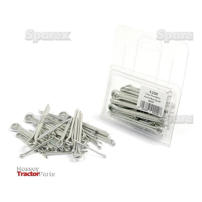 A Sparex Agripak package contains multiple Ø2 - 8 x 40 - 75mm Cotter Pins (50 pcs.), with additional loose pins scattered nearby.