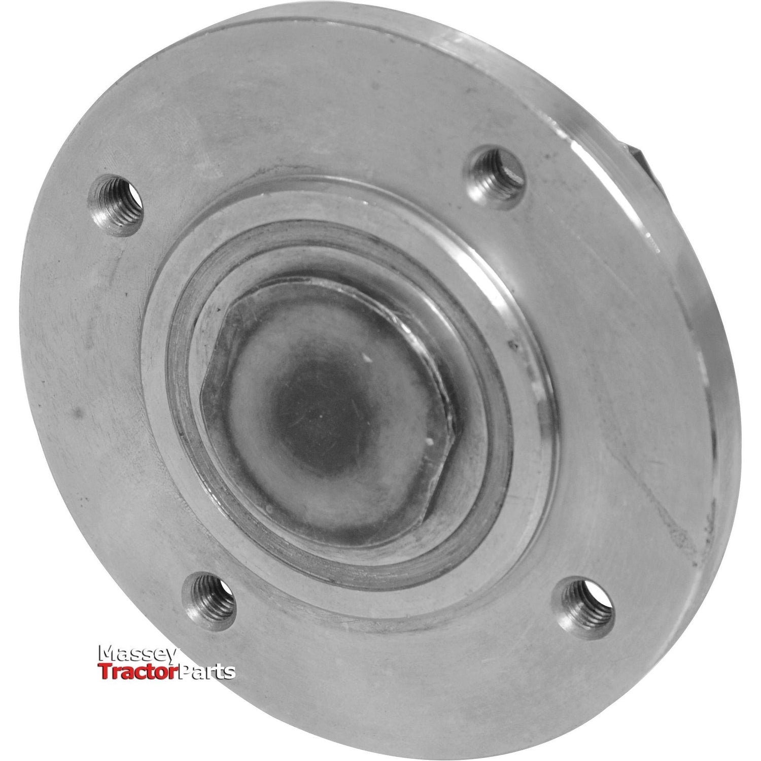 Close-up image of a metallic tractor part with four bolt holes and a protruding circular center. Text on the bottom left reads "Sparex," showcasing its compatibility with Massey Ferguson models as Coulter Hub Assembly - LH (Overum) To fit as: 80967AV | Sparex Part No.S.72514.