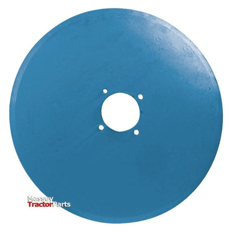 A blue circular metal part with a central hole and four surrounding smaller holes, resembling an 18'' Coulter disc from Fiskars. The text "Massey Tractor Parts" is at the bottom left corner. This product is a Sparex Coulter disc (Part No. S.77741) designed to fit as 72547.