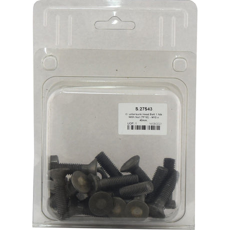 A clear plastic package labeled Sparex Part No. S.27543 contains 14 Countersunk Head Bolt 1 Nib With Nut (TF1E) - M10 x 40mm, with a tensile strength of 8.8, and displays detailed product information.