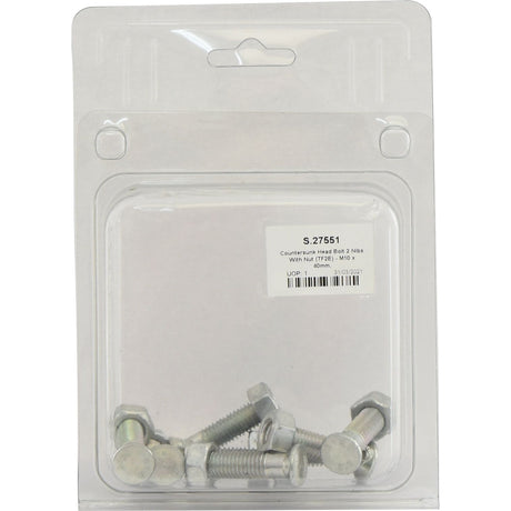 A package of Sparex Countersunk Head Bolt 2 Nibs with Nut (TF2E) - M10 x 40mm, tensile strength 8.8, sealed in clear plastic. The label reads "Sparex Part No.S.27551 – Included: 8 pcs Agripak.