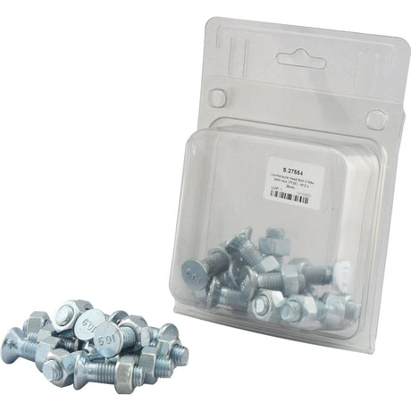A small plastic packaging containing metal bolts and nuts, with some bolts and nuts spilled out in front. Among them, a Sparex Countersunk Head Bolt 2 Nibs With Nut (TF2E) - M12 x 35mm, Tensile strength 8.8 (12 pcs. Agripak) catches the eye. The packaging has a white label with text and barcode, displaying the Sparex Part No.S.27554.