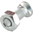 A close-up view of a Countersunk Head Bolt 2 Nibs With Nut (TF2E) - M12 x 45mm from Sparex shows its threaded shaft and hexagonal head. This Sparex Part No.S.78808 bolt is made of metal, has a tensile strength of 8.8, and a silver zinc-plated finish.