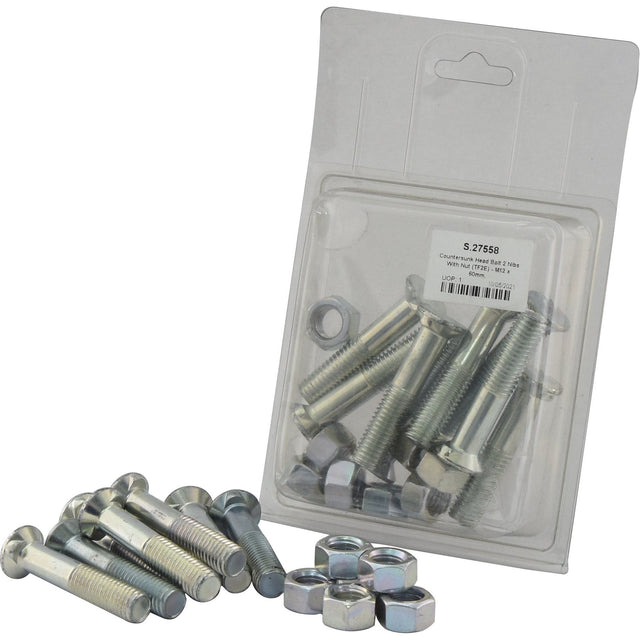 A package of Sparex Countersunk Head Bolt 2 Nibs With Nut (TF2E) - M12 x 60mm is displayed, with some bolts and nuts placed outside the clear plastic packaging, showcasing their tensile strength of 8.8.