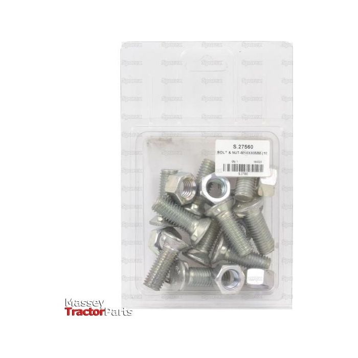 A package of Countersunk Head Bolt 2 Nibs With Nut (TF2E) labeled "S.27560" from Sparex, containing ten M14 x 40mm zinc-plated bolts with nuts, comes in a plastic container and features bolts with a tensile strength of 8.8.