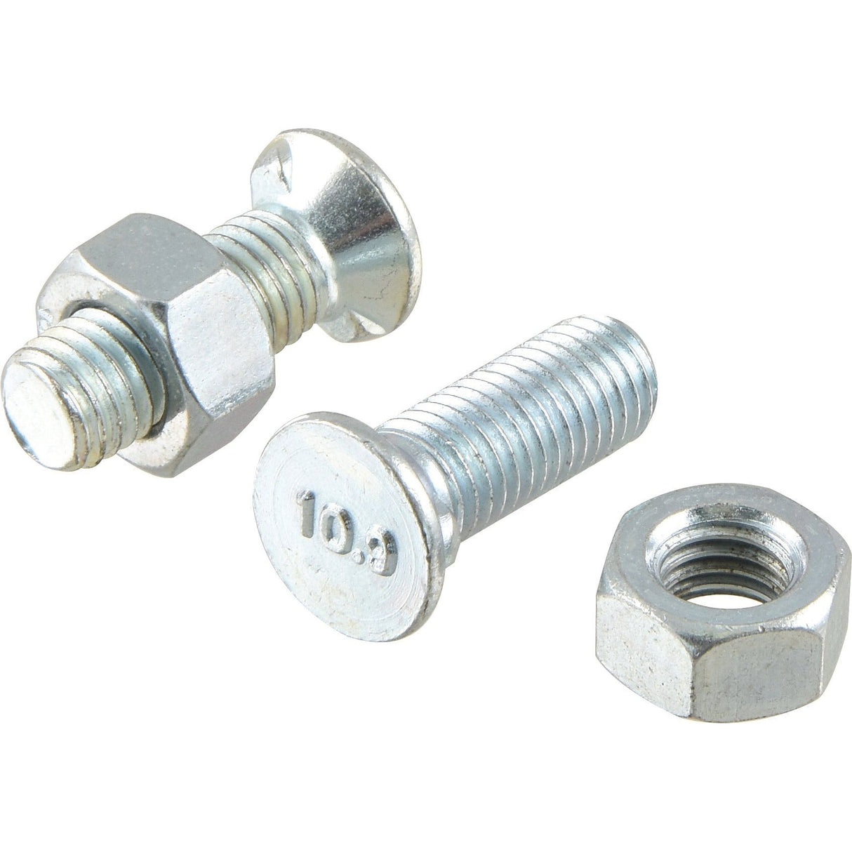 Two metal bolts with nuts, one assembled and one separate, featuring a Sparex Countersunk Head Bolt 2 Nibs With Nut (TF2E) - Tensile strength | Sparex Part No.S.76082 on a white background.