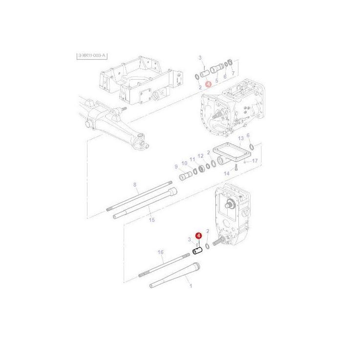 Exploded view diagram of a mechanical assembly featuring Massey Ferguson - Coupler Drive Shaft - 3800250M1 parts by AGCO. Various components, including rods, bolts, and housings, are labeled with numbers. One part, number 2 with a red circle around it, is highlighted.