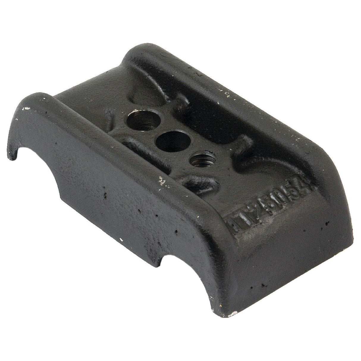 The Coupling (Sparex Part No. S.72400) from Sparex is a black, rectangular metal object with a central hole and smaller surrounding holes, featuring raised edges and a rough surface texture, making it ideal for use in John Deere equipment.