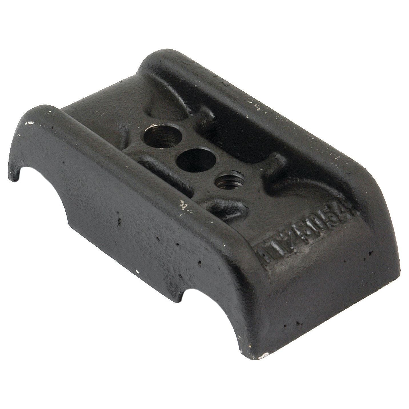 The Coupling | Sparex Part No. S.72400, a black metal mounting bracket with a rectangular shape, features three holes on its flat surface and slightly curved side edges, making it suitable for use with John Deere models.