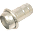 The **Sparex Coupling with Hose End - Male 6'' (150mm) x6'' (150mm) (Galvanised) - S.115057** is a metal pipe fitting featuring a wide flared end and a ridged cylindrical body, resembling an Italian fitting.