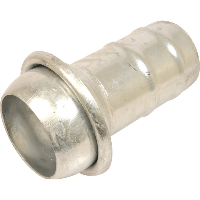 The **Sparex Coupling with Hose End - Male 6'' (150mm) x6'' (150mm) (Galvanised) - S.115057** is a metal pipe fitting featuring a wide flared end and a ridged cylindrical body, resembling an Italian fitting.