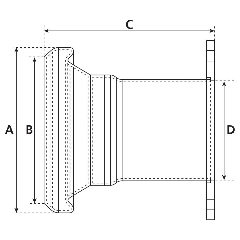 Technical drawing of a tapered cylindrical object with measurements labeled A, B, C, and D. The diagram details various sectional dimensions likely intended for engineering or manufacturing contexts. It prominently features a Coupling with Square Flange - Female 4" (108mm) x (100mm) (Galvanised), Product S.59438 from the brand Sparex, which includes a Bauer Fitting and Hose Tail size for enhanced durability due to its galvanised finish.