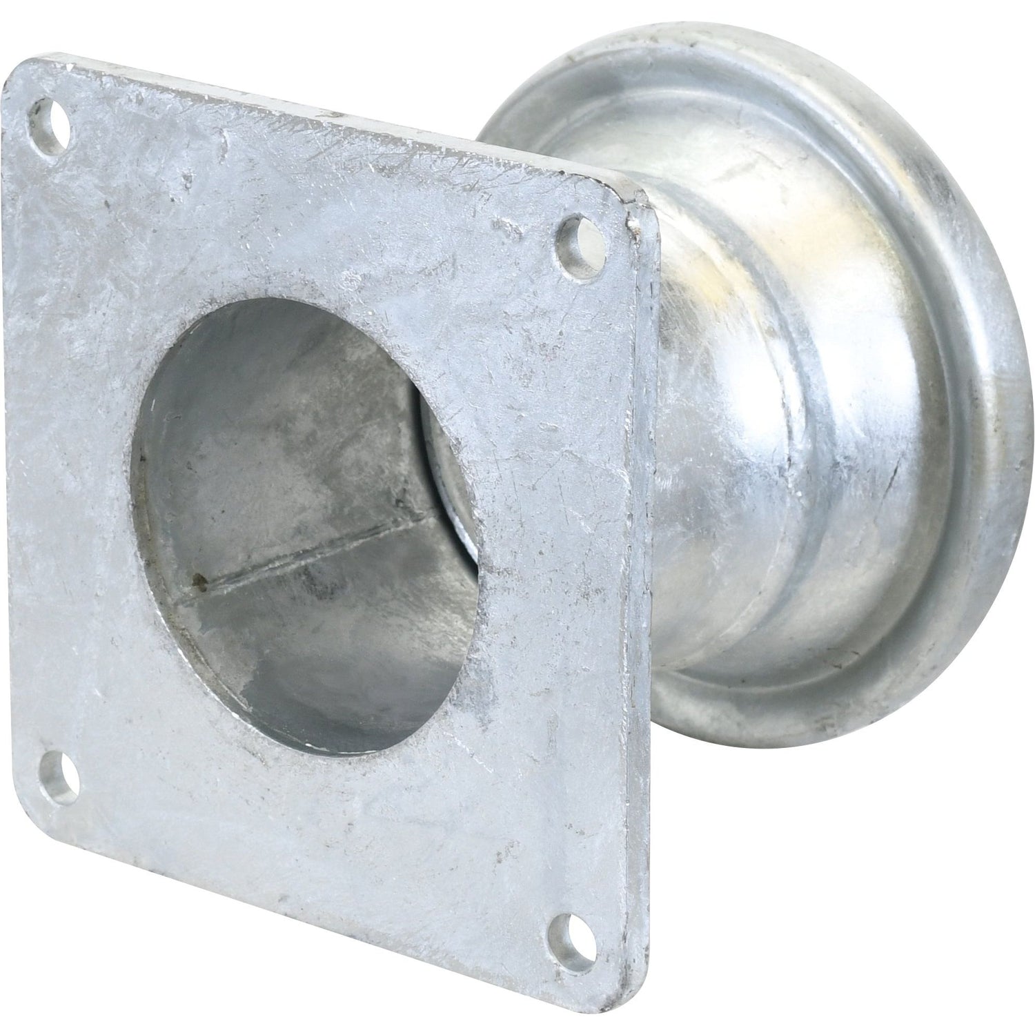 The Sparex Coupling with Square Flange - Female 4'' (108mm) x (100mm) (Galvanised), S.59438, is a metallic, cylindrical industrial fitting with a flared end and a square base featuring four drilled holes at each corner.