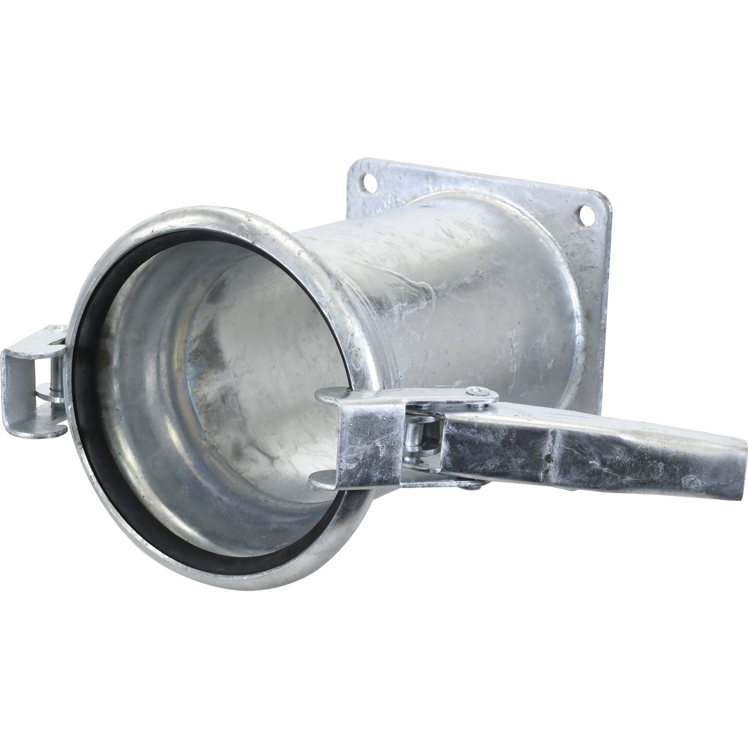 Introducing the Sparex Coupling with Square Flange - Female 6'' (150mm) x (150mm) (Galvanised) - S.115077, featuring a hinged closure mechanism, a mounting plate with two bolt holes, and an Italian Coupler for secure connections.
