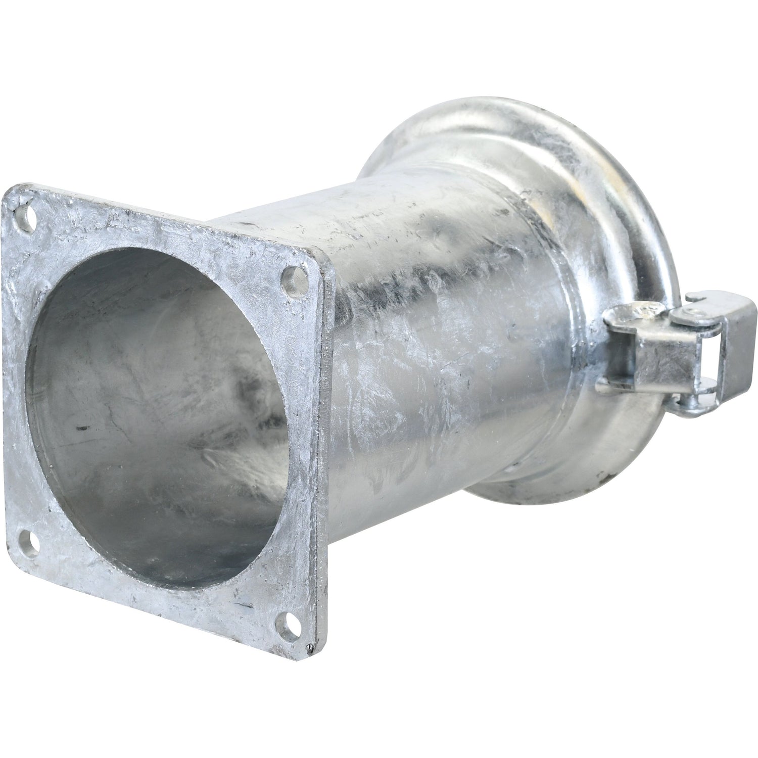 The Coupling with Square Flange - Female 6'' (150mm) x (150mm) (Galvanised), product code S.115077 by Sparex, features a hinged latch mechanism and a durable galvanised finish, with a square flange on one end and a round opening on the other.