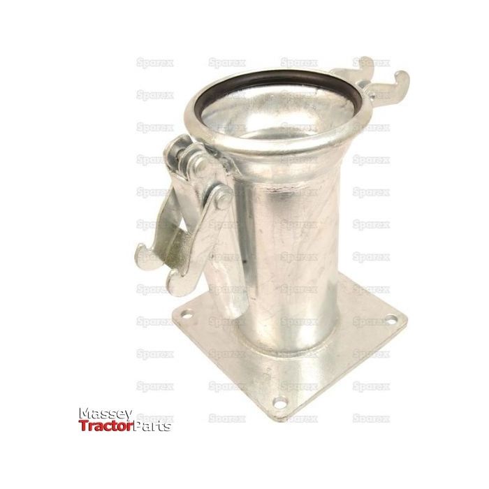 The Sparex Coupling with Square Flange - Female 6'' (150mm) x (150mm), model S.115077, is a metal tractor exhaust stack clamp adapter with a galvanised finish. It features a flanged base with spring-loaded hinges for securing exhaust pipes and includes four mounting holes.