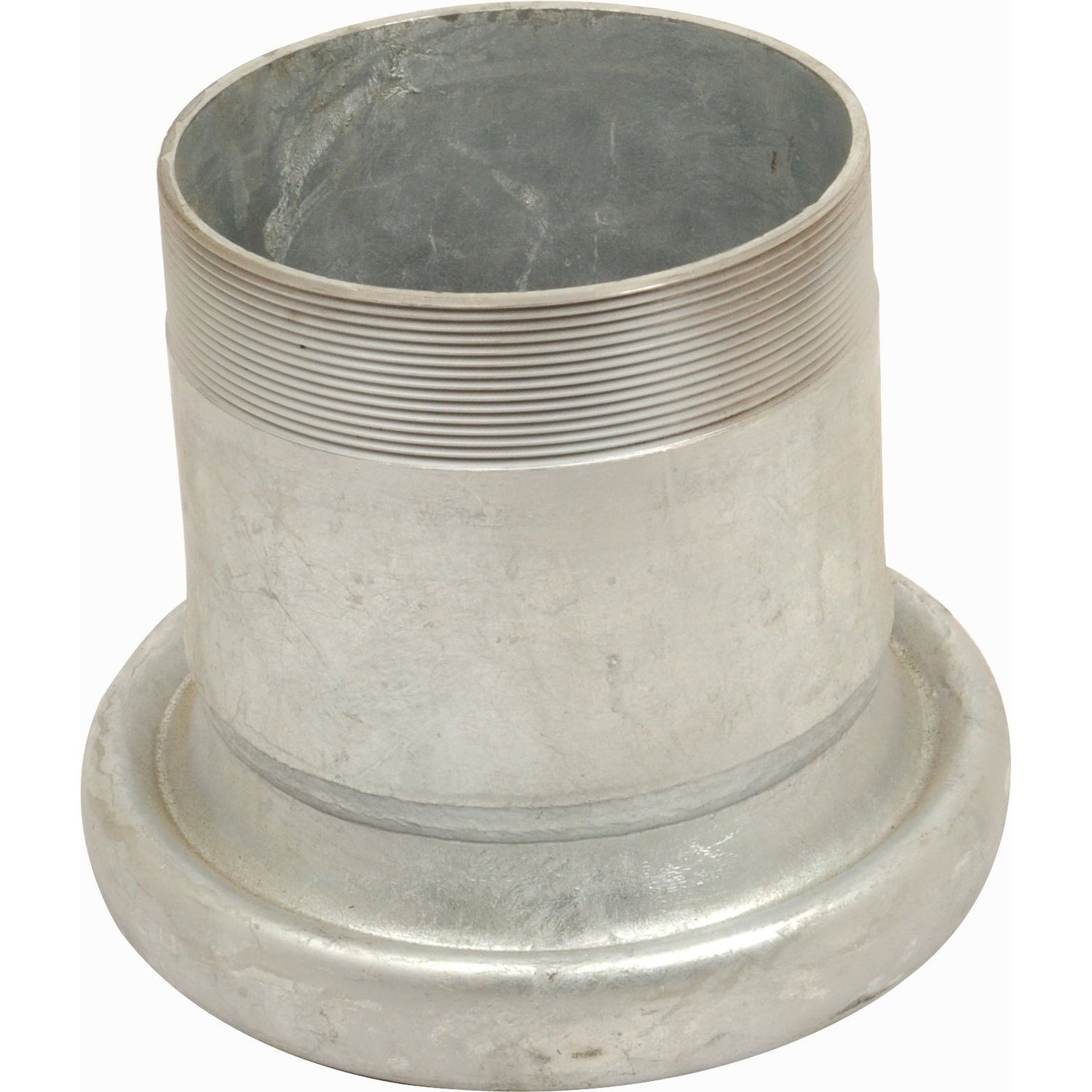 A metal Bauer fitting called the Coupling with Threaded End - Female 4'' (108mm) x 4'' (Galvanised) - S.59432 by Sparex, featuring a threaded top and a flared bottom end, commonly used in plumbing or industrial applications.