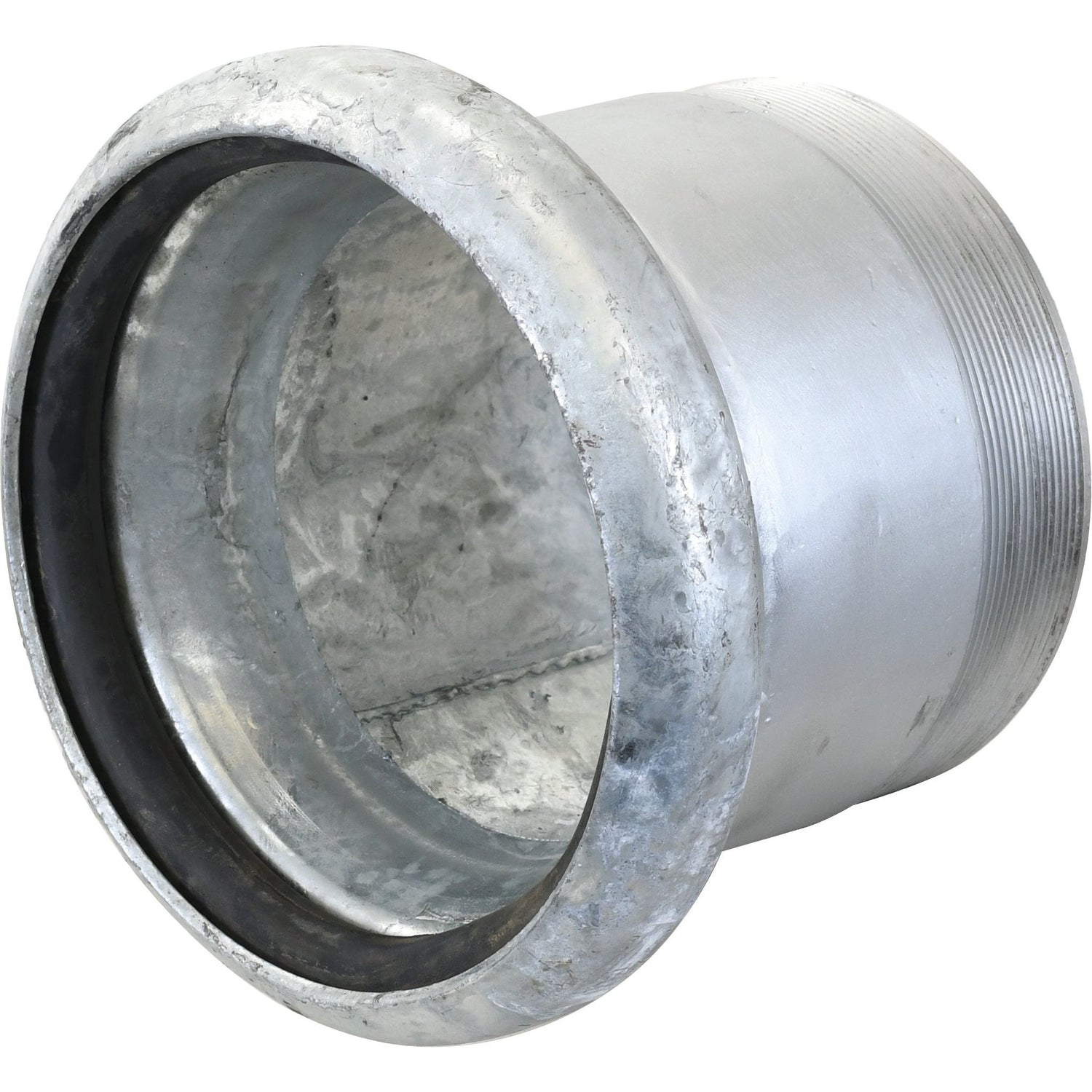 The Sparex Coupling with Threaded End - Female 6'' (159mm) x 6'' (Galvanised) - S.59434 is a cylindrical metal pipe fitting, featuring a threaded exterior on one end, a smooth interior with a rubber lining, and galvanisation for added durability.