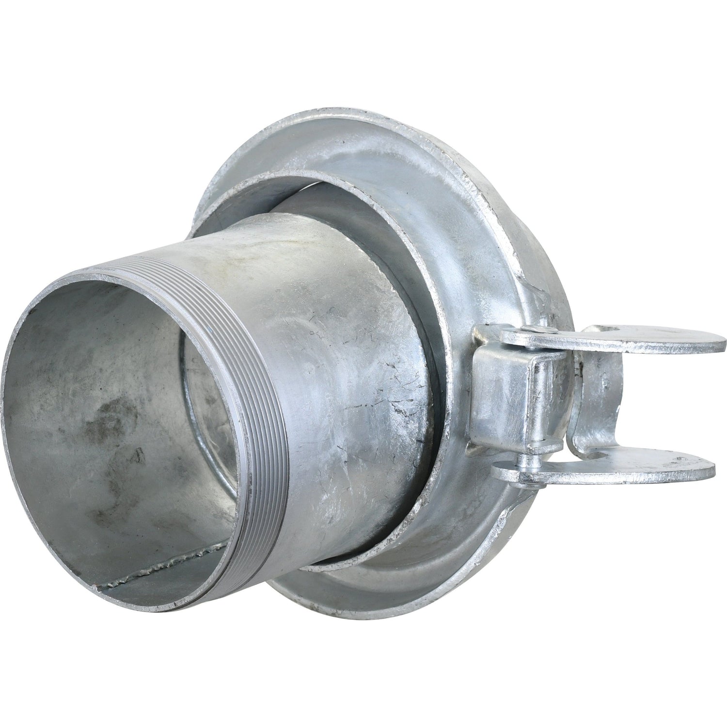 The Sparex Coupling with Threaded End, Male 5'' (133mm) x 5'' BSPT (Galvanised) - S.59430, features a durable galvanised metallic hose coupling with two threaded pipe ends secured together by a sturdy clamp ring mechanism.