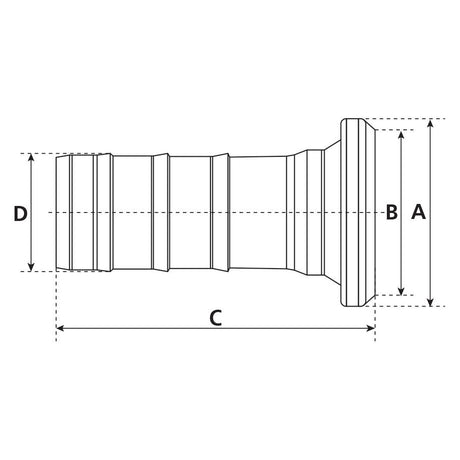 Technical drawing of the Sparex Coupling with hose end - Female 5'' (133mm) x5'' (125mm) (S.59425), a cylindrical object with four labeled dimensions: A (height), B (diameter of one end), C (length), and D (diameter of opposite end). The material is galvanised, ensuring durability, and it features a Bauer fitting for optimized connectivity.