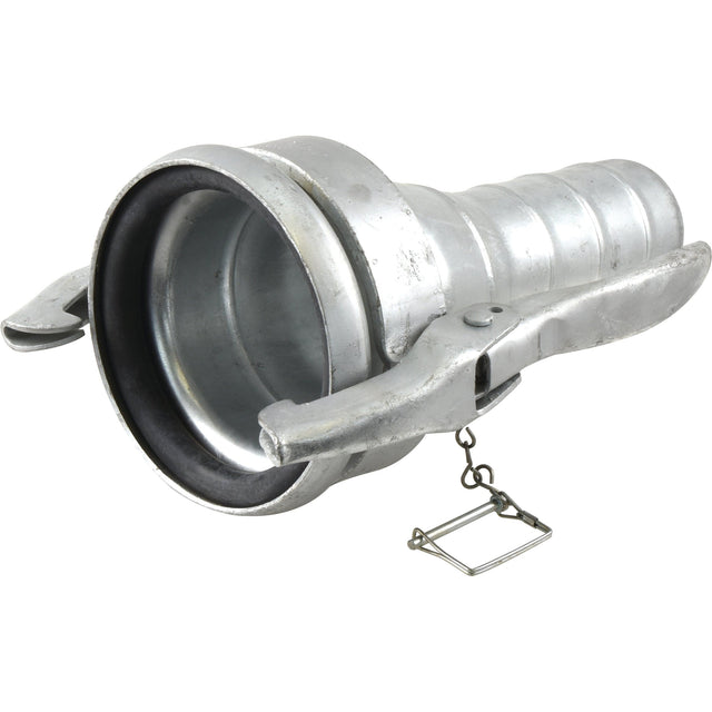 The Sparex Coupling with hose end - Female 6'' (159mm) x4'' (102mm) (Galvanised) - S.136636 is a metal quick-connect fitting featuring a locking mechanism and chain, specifically designed for securing hoses or pipes. Check the product specifications to ensure compatibility and quality.
