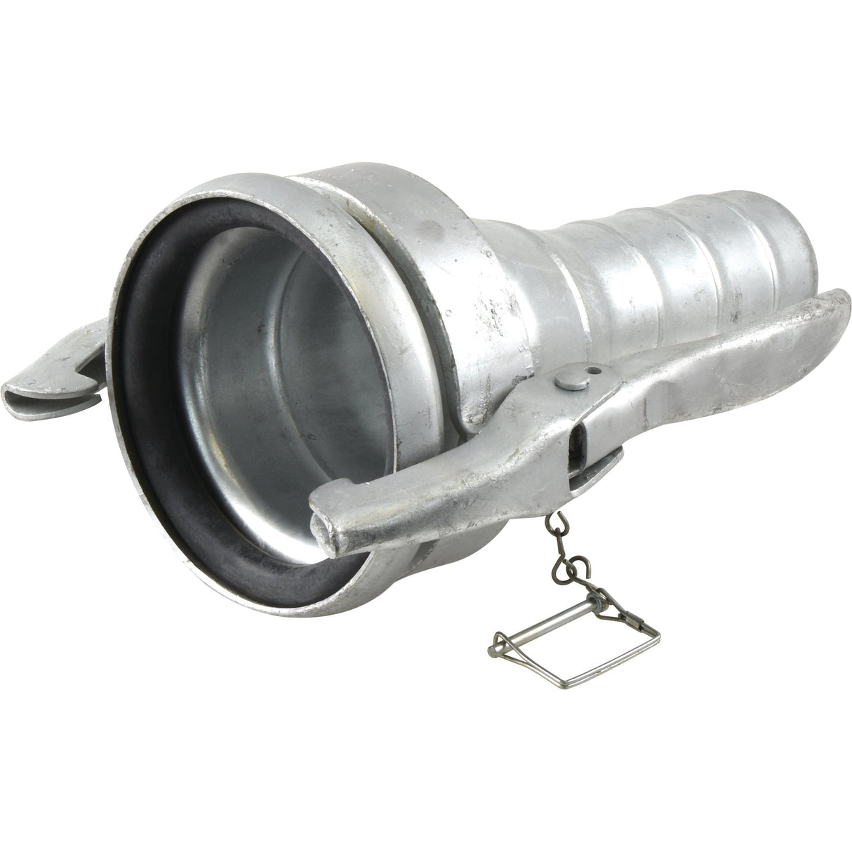 The Sparex Coupling with hose end - Female 6'' (159mm) x4'' (102mm) (Galvanised) - S.136636, featuring a metal camlock with a lever arm and securement pin, is suitable for various industrial applications.