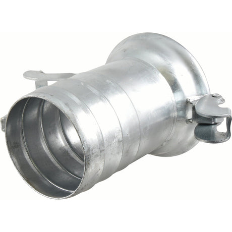 The Sparex Coupling with Hose End - Female 8'' (200mm) x 8'' (200mm) (Galvanised) - S.136557 is a metal pipe fitting with a cylindrical shape and a flanged end, featuring a secure locking mechanism. Suitable for various installation needs, this product is designed with durability in mind.
