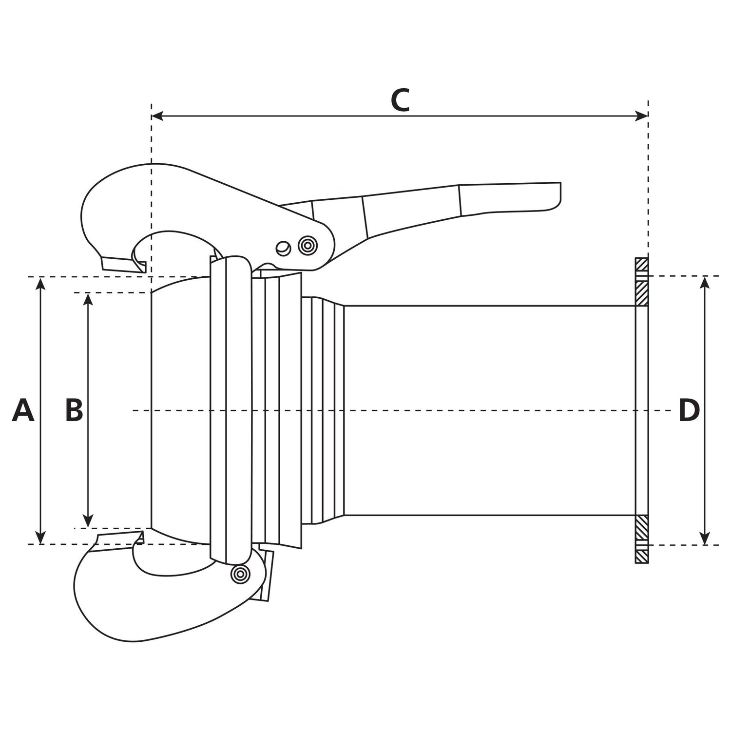 Technical diagram illustrating a Sparex Coupling with Square Flange Long - Male 5'' (133mm) x 5'' (125mm) (Galvanised) - S.59436 mechanical coupling with four labeled dimensions: A, B, C, and D. Measurements denote the height, width, total length, and diameter of the galvanised coupling.