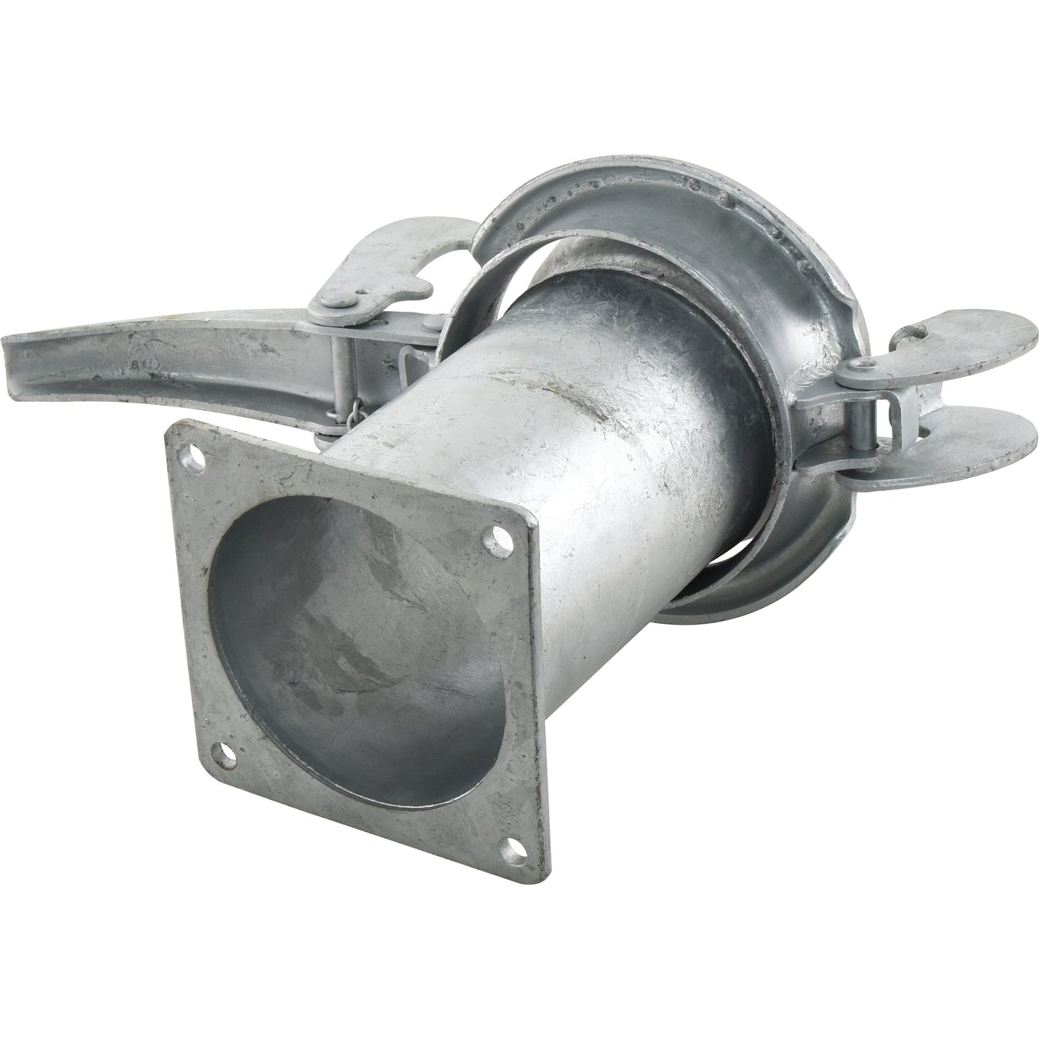 A close-up of a Sparex Coupling with square Flange Long - Male 6'' (159mm) x 6'' (150mm) (Galvanised) - S.59437, featuring a cylindrical shape and latch mechanism, shown against a white background.