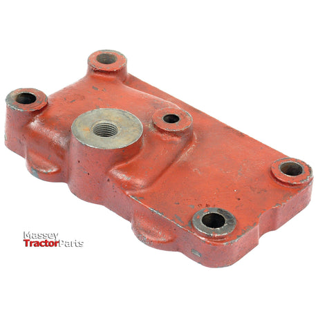 Red metal cover plate gasket with multiple bolt holes and a central threaded hole, marked with the "Massey Tractor Parts" logo. Compatible with Ford New Holland models, Sparex part number S.66233.