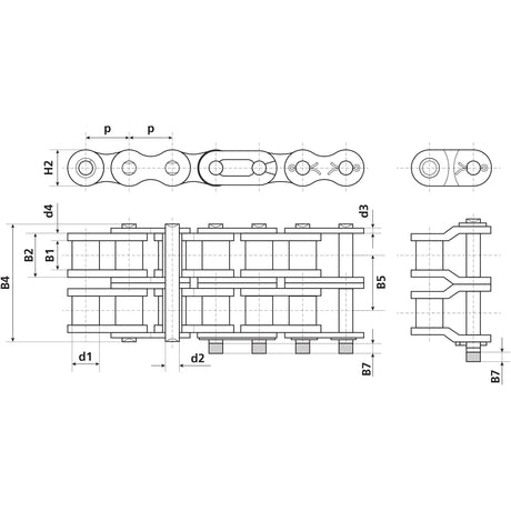 Technical drawing of the Cranked Link, Duplex, 08B-2 (Sparex Part No. S.37513) with detailed measurements and dimensions labeled, including top, front, and side views by Sparex.