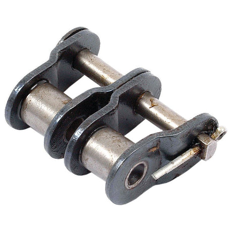 A close-up image of an individual Sparex Cranked Link, Duplex, 08B-2 (Sparex Part No.S.37513) featuring two metal rollers and two link plates secured by a pin.