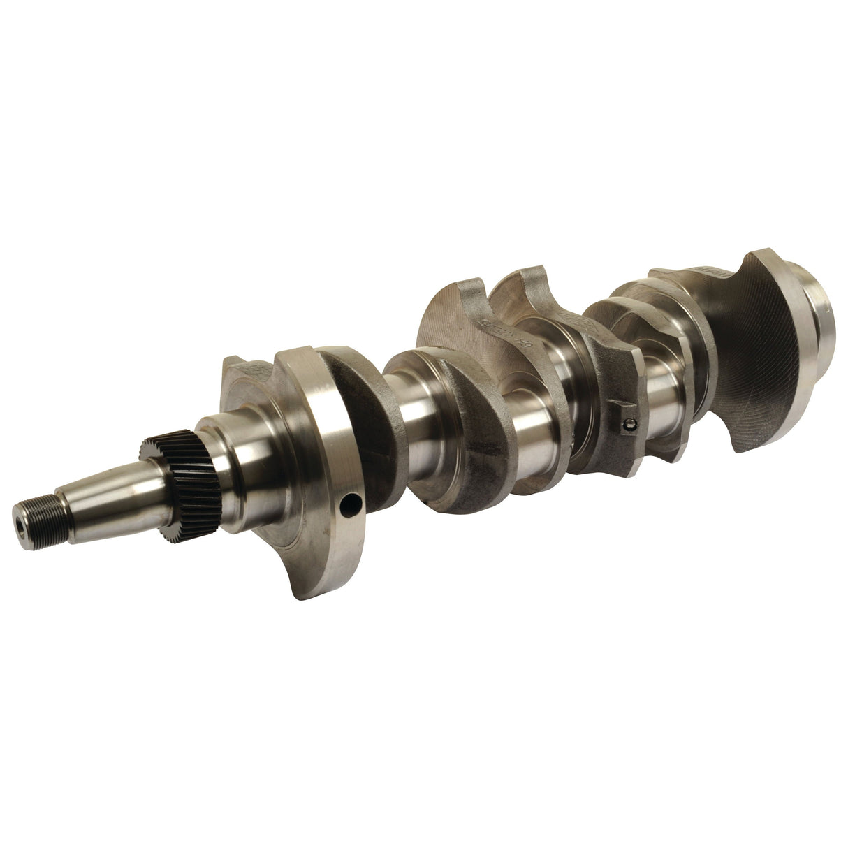 A metal crankshaft, specifically the Crankshaft (4 Cyl.) 8045.04, 8045.02 by Sparex (Sparex Part No.S.61964), is a machined part with multiple bearing surfaces and connecting rod journals that converts linear piston motion into rotational motion in internal combustion engines. Found in machines like the Fiat 640, it plays a crucial role in engine efficiency and performance.