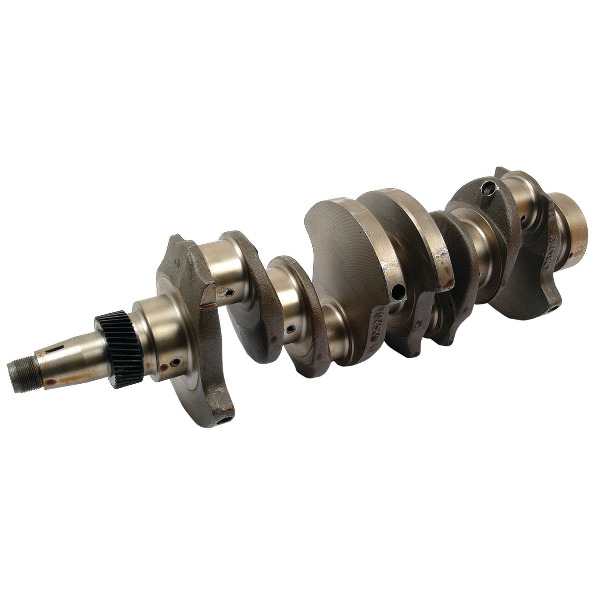 Image of the Crankshaft (4 Cyl.) 8045-2, a key component in internal combustion engines such as those found in White Oliver and Fiat models, featuring several connecting rod journals and counterweights. This metal crankshaft is available under Sparex Part No. S.59056 from the brand Sparex.