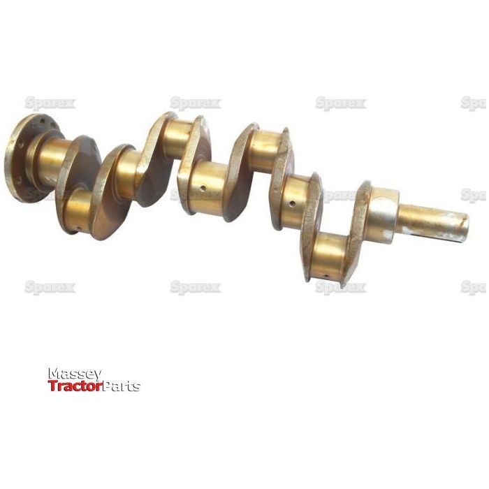 A metal crankshaft used in engine mechanics, included in the Crankshaft Kit (4 Cyl.) AD4.203 - S.40310 by Sparex, complete with a main bearing and featuring a logo that reads "Massey Tractor Parts" in the bottom left corner.