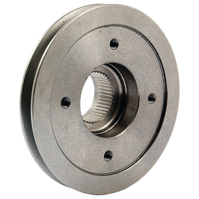 The Crankshaft Pulley (Sparex Part No.S.41855) by Sparex is a cylindrical metal mechanical part commonly used in Massey Ferguson machinery. It features a central hole, gear-like interior elements, and four smaller holes distributed around its outer surface.