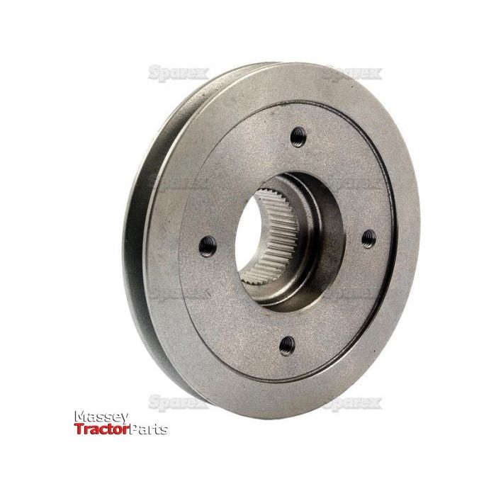 A silver tractor part with visible screw holes and an inner ring, branded with Massey Ferguson Tractor Parts and Sparex in the background, is likely a Crankshaft Pulley (Sparex Part No. S.41855).