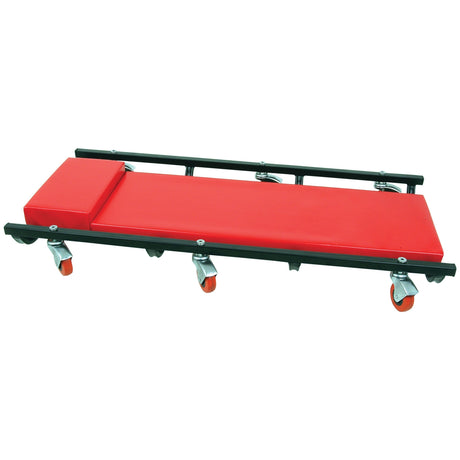 The Sparex Crawler Board, Part No. S.27522, is a red mechanic's creeper featuring a PVC-covered cushion, padded surface, headrest, and four swiveling casters on a black metal frame. Measuring 935mm in length and 450mm in width, it provides both comfort and practicality.