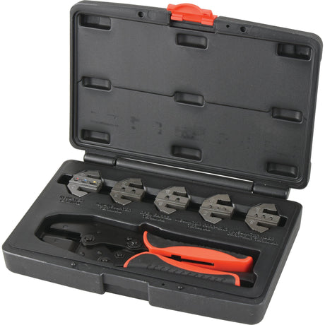 A Sparex Crimper Kit, Superseal, DT, 7pcs - S.159978 contains an orange-handled Quick Change Crimper and five interchangeable dies, including one for Fully Insulated Quick Disconnector, all neatly organized in a black plastic case with compartments. The case is open to reveal the tool and dies.